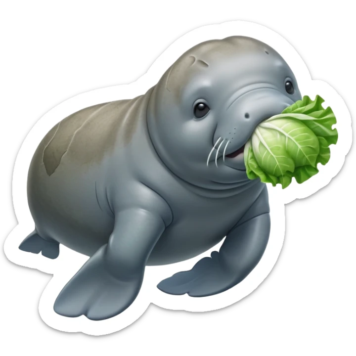 Cinematic realistic full body side view of a manatee holding a head of iceberg lettuce in his front flippers  sticker