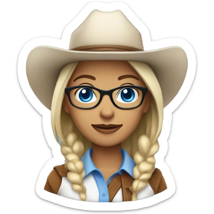 Whit woman with blue eyes, glasses, cowboy hat and bolo sticker