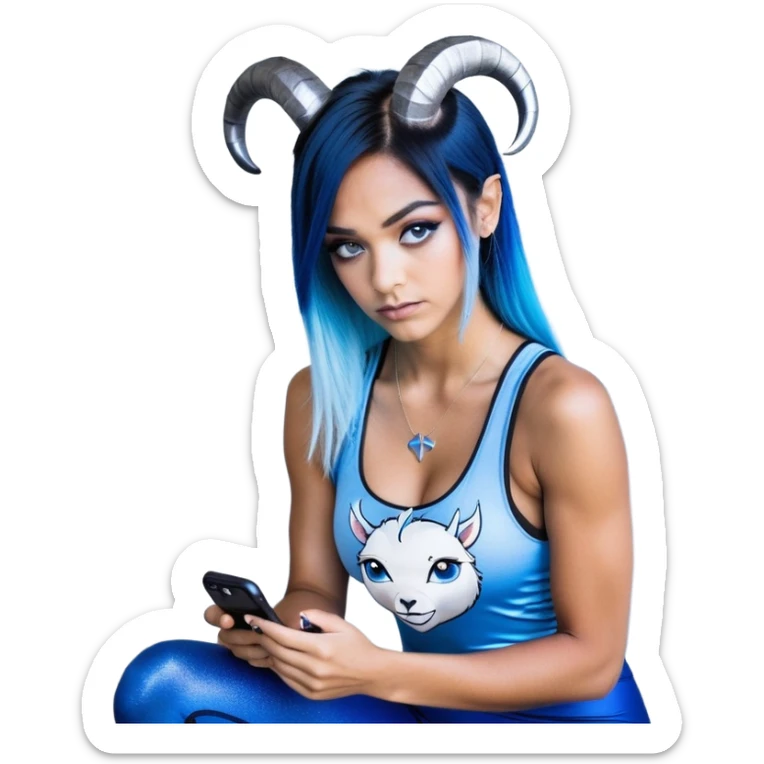 Disapponted-big tears-head back texting on phone-very very large upper body-sexy face-bending forward at waist-very long very straight dark blue to light blue ombre hair-and-blue eyes-thick black eyeliner-cute goat horns-iridescent blue lowcut tanktop with black leggings with glitter superman logo sticker