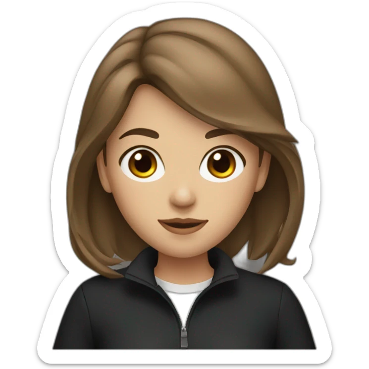 A girl with brown eyes and brown hair in a black golf and a black jacket sticker