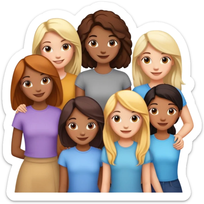 six diverse girl friends, different hair and skin tones as described, smiling and standing together sticker