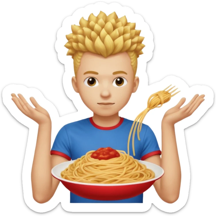 una persona de 18 años marron clarito con el pelo amrillo rizado con una camiseta roja y azul con un logo circular dorado y levantando unos spagethis y que tenga el pelo para abajo con boicano sticker