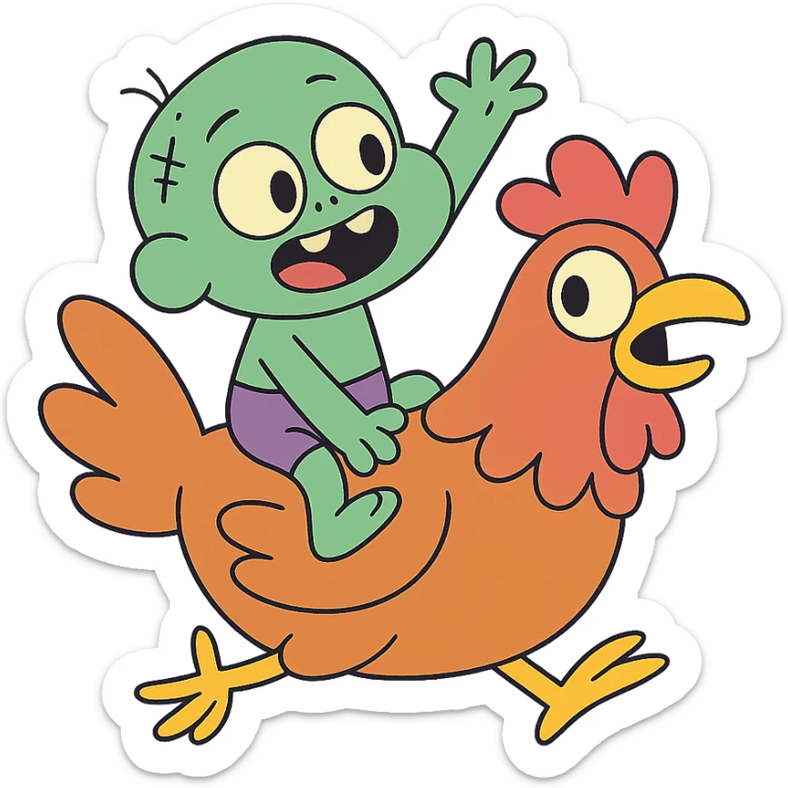 a green baby zombie riding a chicken, calArts 2010s cartoon style, cute, exaggerated features sticker