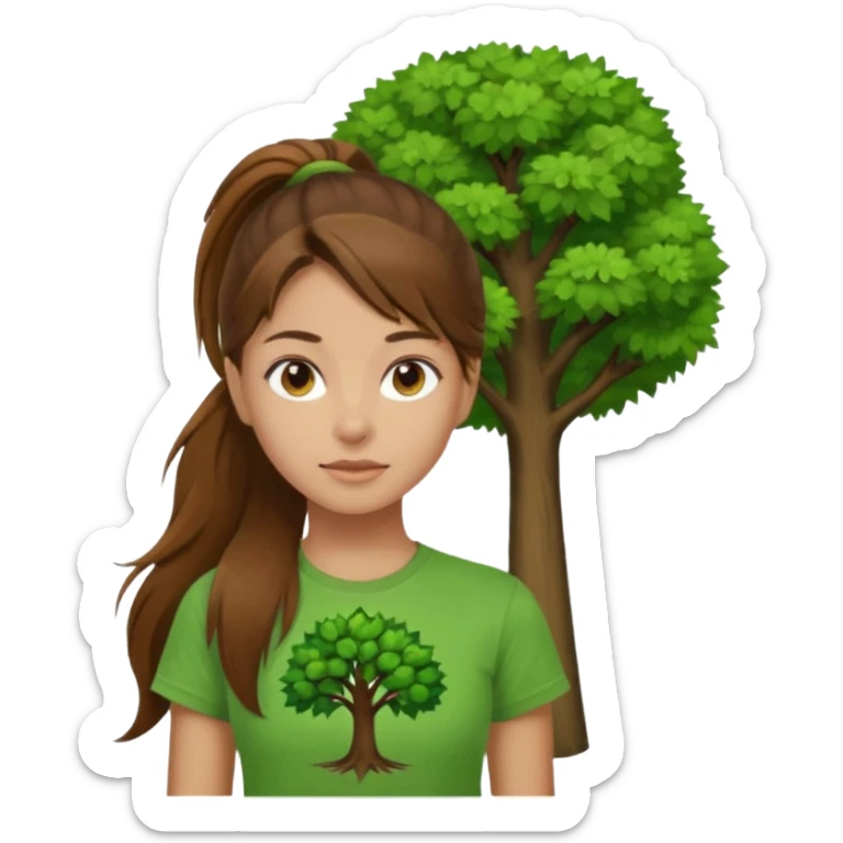 Make a zumba coach emoji, brown eyes, brown hair girl, long ponytail,green t shirt with a tree logo on It sticker