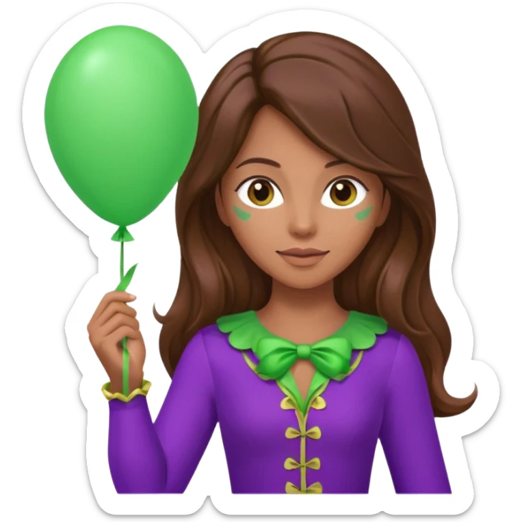 woman with long brown hair and purple costumes, holding green balloon sticker