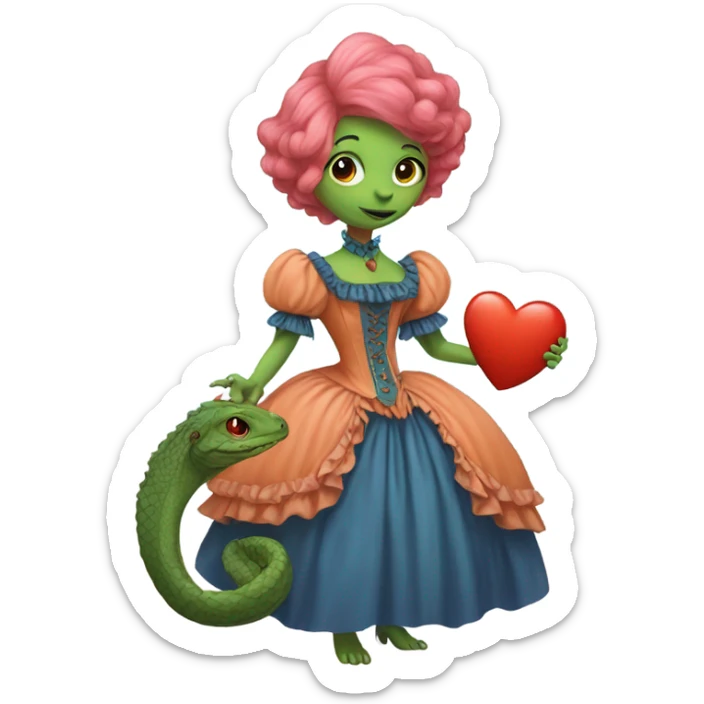 a green reptilian woman in Victorian orange and blue dress, pink hair,holdig, red big hearth, full body sticker