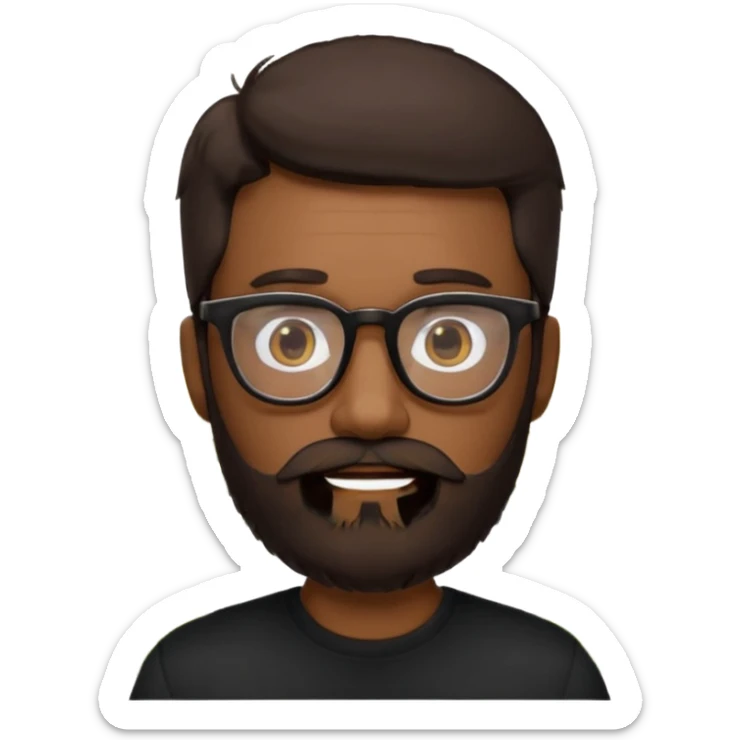 create a emoji man with beard black and dark brown hair , and glasses wooded color, sunkissed skin color, with a IA simbol and black shirt sticker