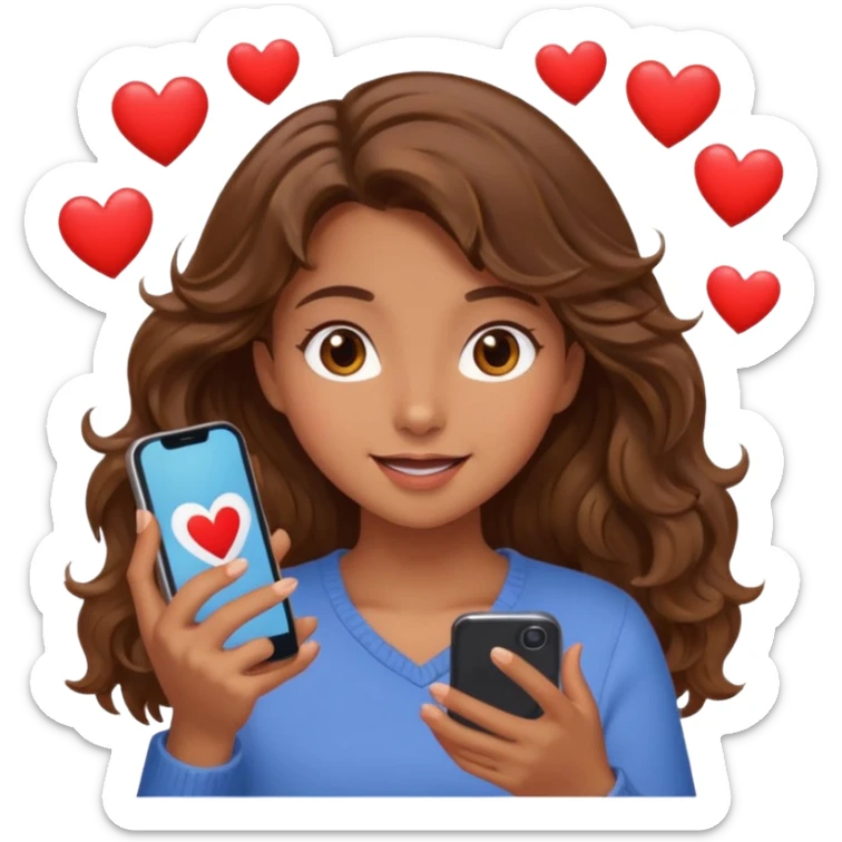 Girl with wavy brown hair and hazel eyes Looking at phone and in love and she is excited and hot with hearts sticker