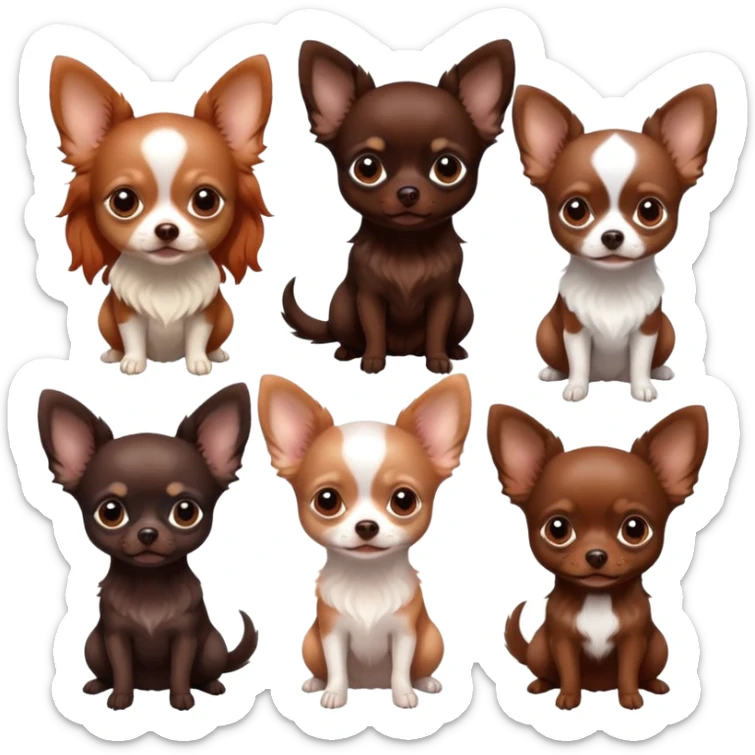 Girl with natural red hair, chocolate Chihuahua longhair, black Chihuahua with lop ears, beige brown black Chihuahua, chocolate Merle Chihuahua with one prick ear, one lop ear sticker