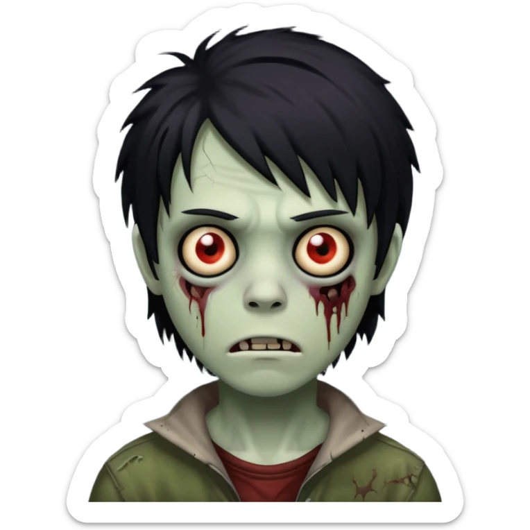 creepy boy zombie, medium-long black emo hair, shaggy, dark and spooky, unsettling expression sticker