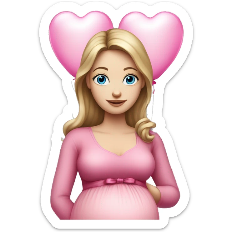 White pregnant woman with blue eyes and Dark blond hair, pink dress with bow. She is standing holding two  pink heart ballons.  sticker