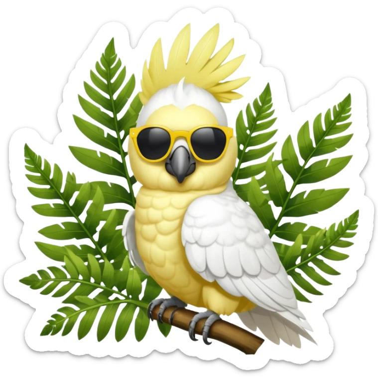 sulfer crested cockatoo wearing sunglasses sitting in a green fern tree sticker