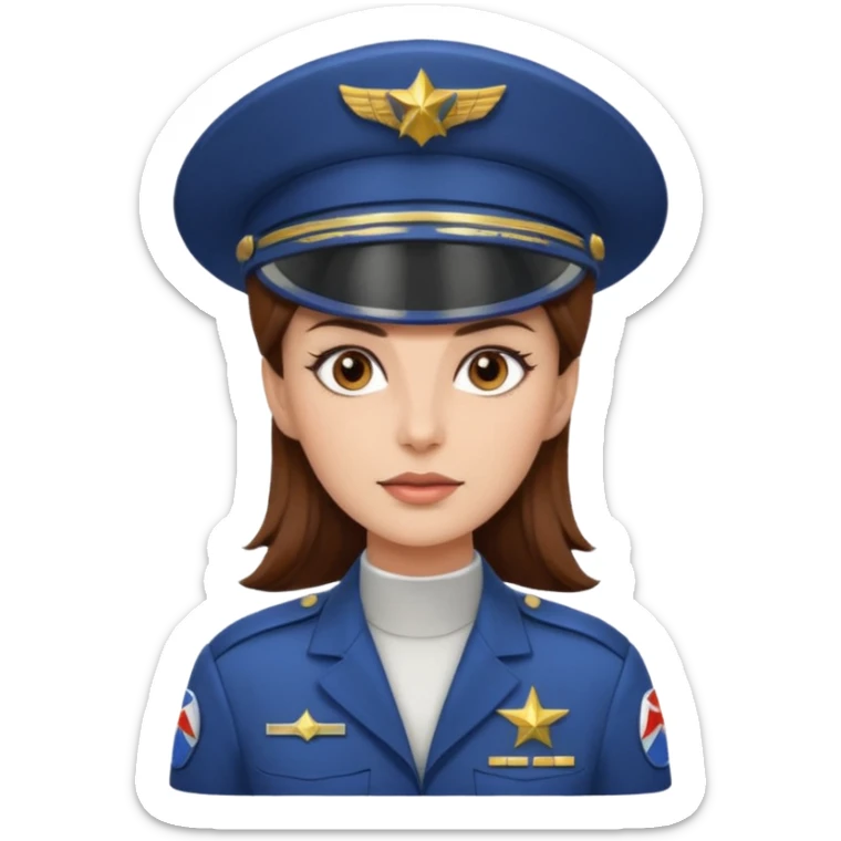 woman with brown hair and brown eyes.  space ship captain with white military hat sticker