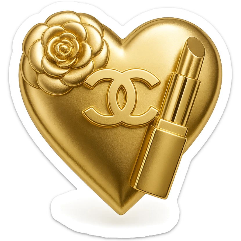Chanel heart in metallic gold style with a camellia flower and a lipstick, fashion accessory theme sticker