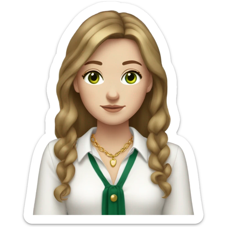 white girl. long brown hair with curtain bangs. freckles. long sleeve white shirt. gold necklace. dark green eyes. white shirt. sticker