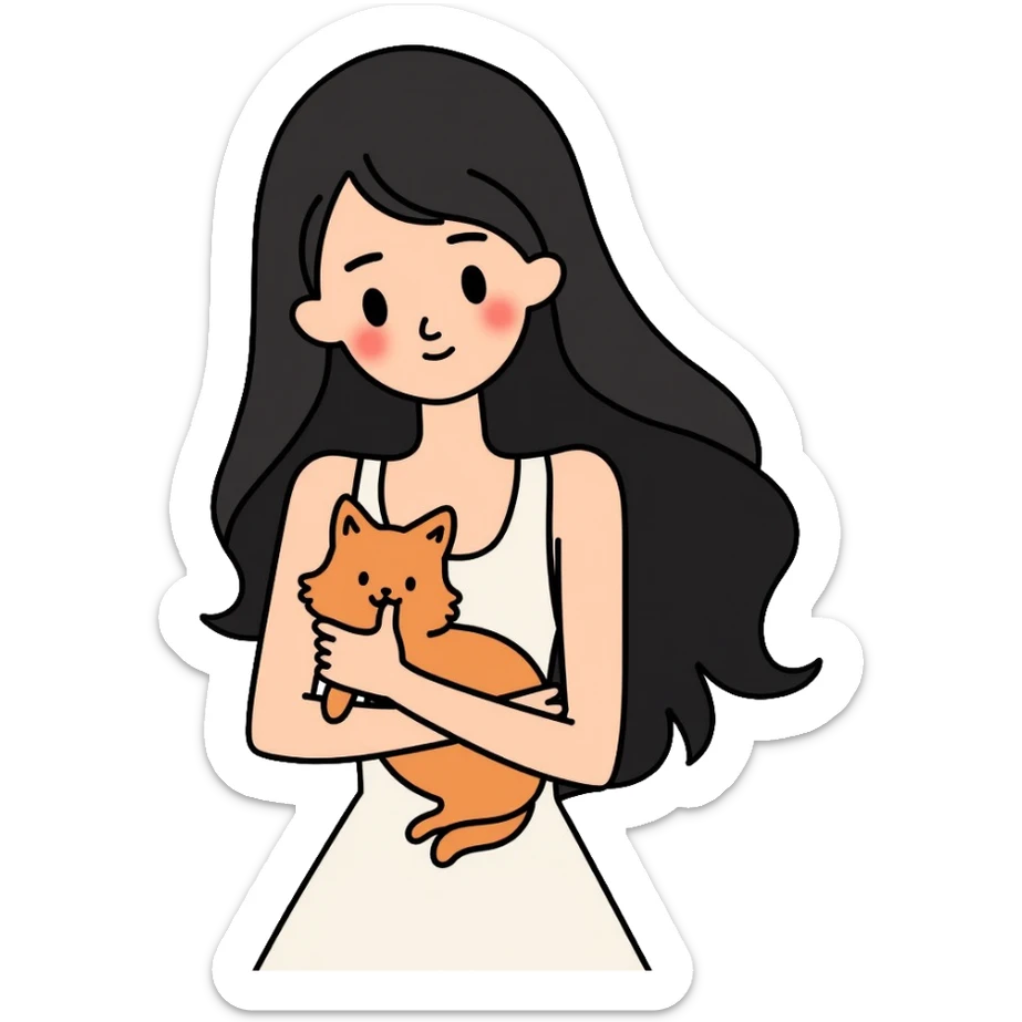 beautiful girl with long black hair wearing a white dress holding an Abyssinian cat with reddish-brown fur in her arms sticker
