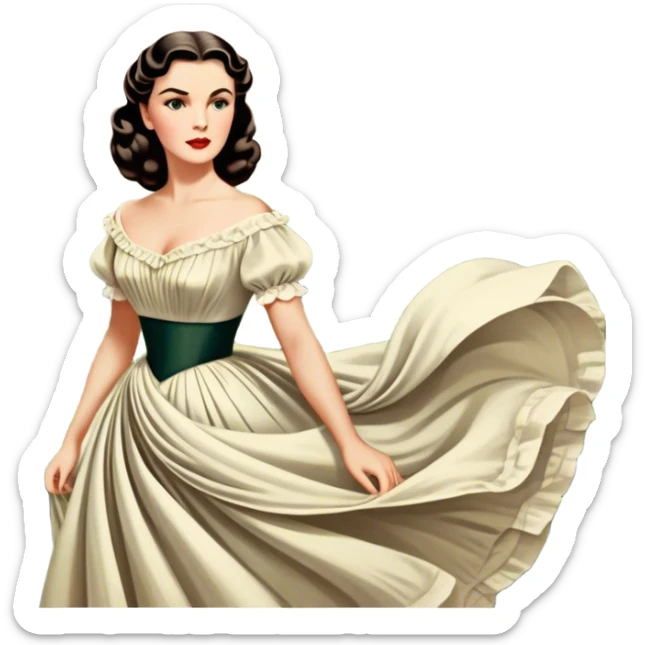Icon for Romance Movie: A vintage movie poster-style design inspired by Gone with the Wind. Include romantic, sweeping imagery like Scarlett O'Hara in a flowing dress, Rhett Butler, a plantation backdrop, and fluttering wind-blown fabric. Soft, nostalgic cinematic feel. Transparent background. sticker
