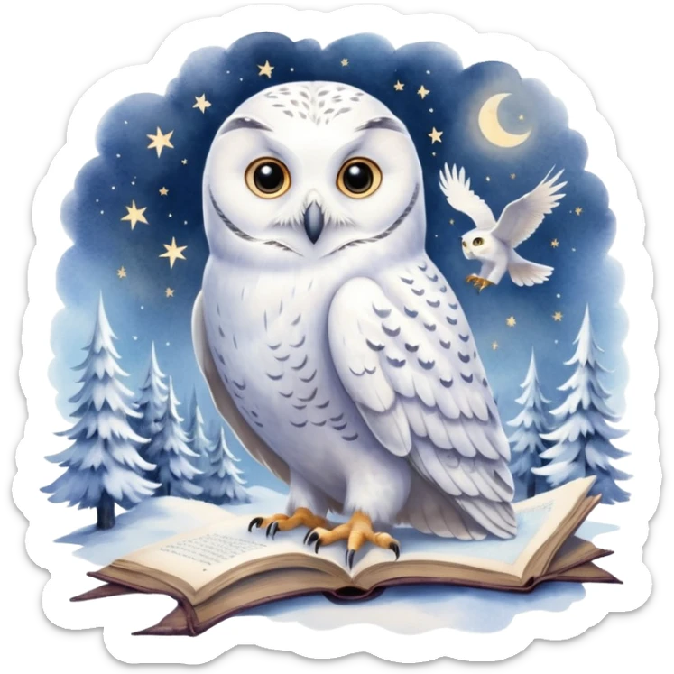 A hand-drawn fantasy illustration of Hedwig, Harry Potter’s snowy owl, with soft watercolor style, gentle pastel tones, magical sparkles in the air, cozy wizarding atmosphere, storybook illustration, high detail, whimsical and warm mood. ohne backgraund sticker