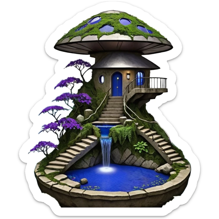 Alien saucer house jungle-vines precarious narrow stairway fountain mountain-island getaway nighttime landscape antique mudman very old broken cracked intricate Stone Age lapis-crusted irregular dodecagon-shaped shallow dark moss rough bark violet serissa flowered maple tree bonsai pot sticker