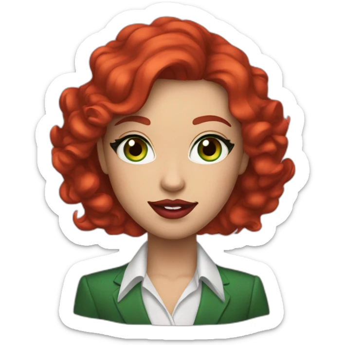 Green eyes, red hair canadian with formal clothes and red lipstick and makeup sticker