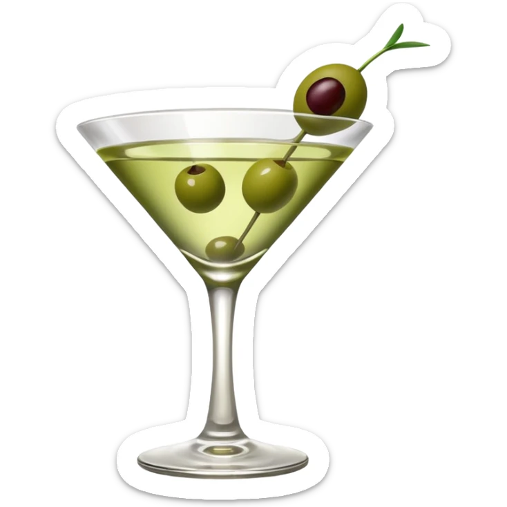 martini glass with 3 olives. no straw, just 1 stick that the olives will be stuck on. olives should have the same size. no leaves at all. liquid should be more white/clear than green sticker