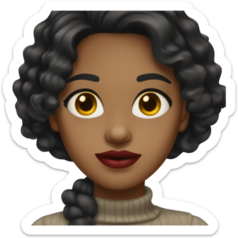 Woman with black wavy hair. Medium skin with yellow golden undertone. Big Brown Eyes. Red Lipstick sticker
