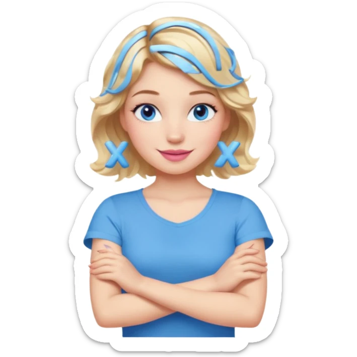 Girl Blonde short wavy hair,  blue eyes, cute blue top, long lashes, pink lips, smiling, making cross arms X with arms  sticker