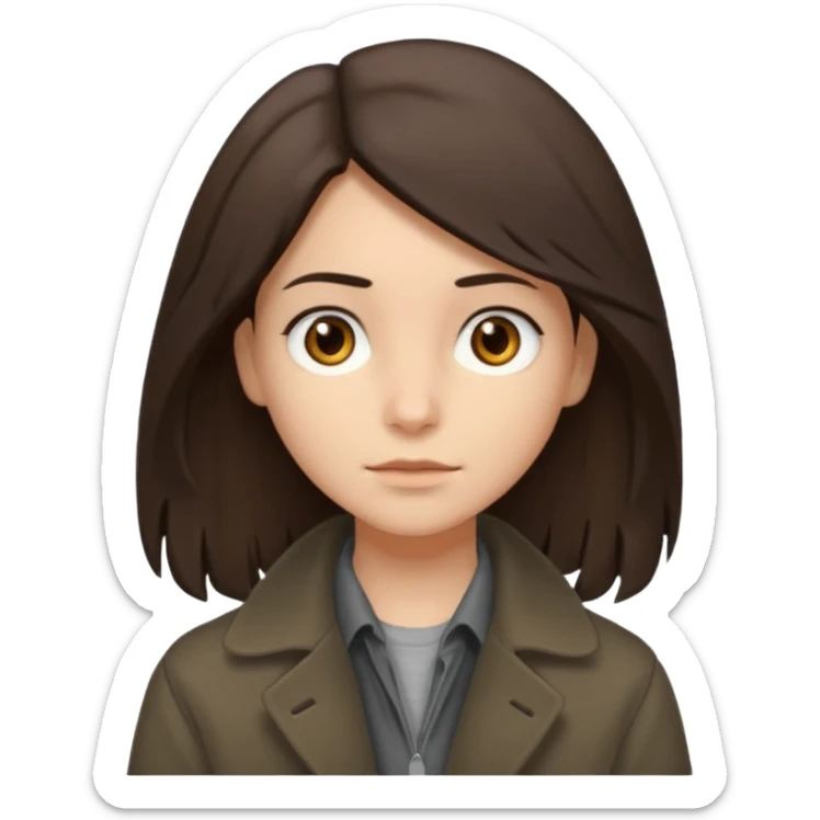 Hobo tomboy with shoulder-length center-parted dark brown hair. brown eyes, dark dull brown coat, grey shirt. sticker