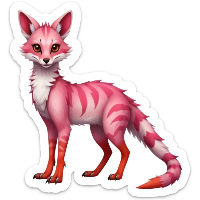 Feral Rare Fantasy dark pastel gradient-pink-red-orange Vernid-Sergal-Genet-species by LiLaiRa, random markings, tufted ears, full body, 4 legs sticker