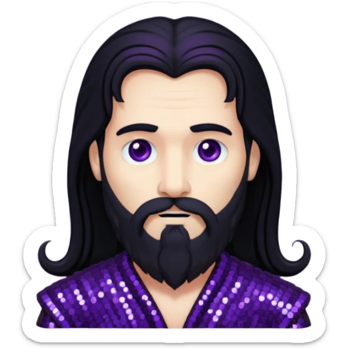 Pluto, God of Death from Gods and Goddesses with long black hair and beard, deep purple sequin outfit sticker