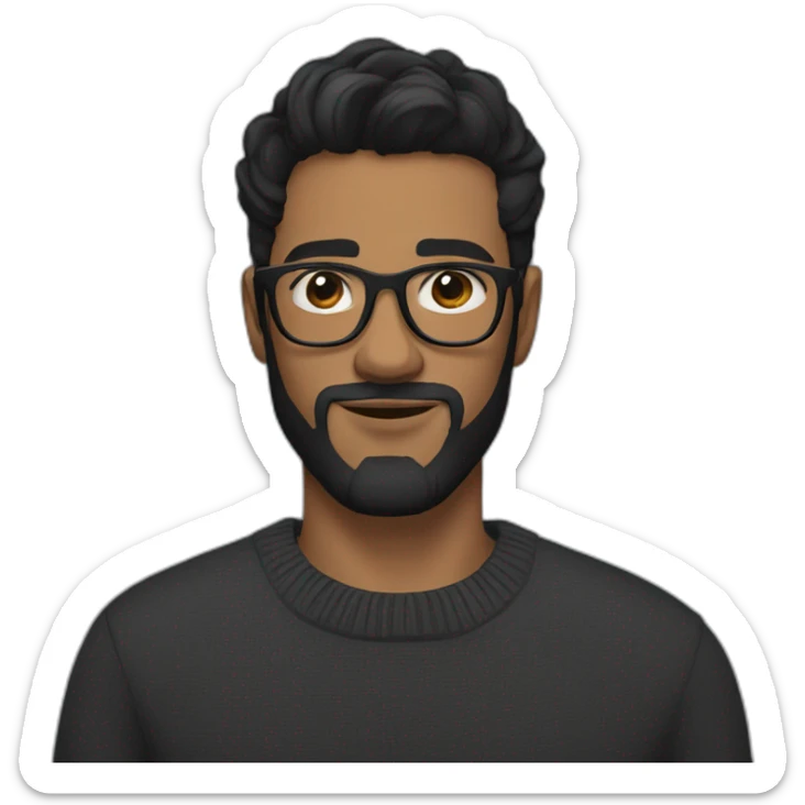 A young man with black hair styled up and to the side, a beard and wearing dark grey glasses and a black sweater sticker