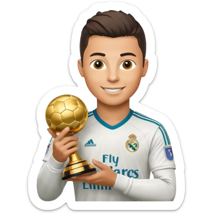 Cristiano Ronaldo in Real Madrid soccer uniform holding the Golden Ball trophy sticker