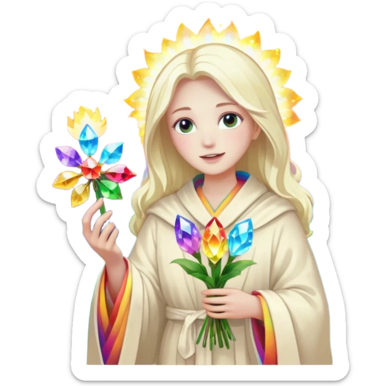 a being of light with a robe on made of light and who is lanky holding a bouquet of crystal flowers on rainbow fire sticker