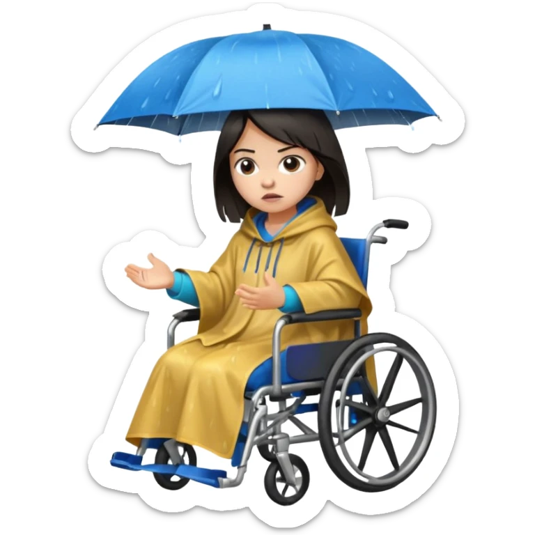 Girl with dark hair  in a wheelchair with rain poncho mad with raining  sticker