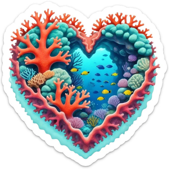 Cinematic Realistic Heart Reef Landscape Emoji, depicted with a naturally heart‚Äêshaped coral formation in vibrant marine hues, rendered with detailed underwater textures and luminous lighting. sticker