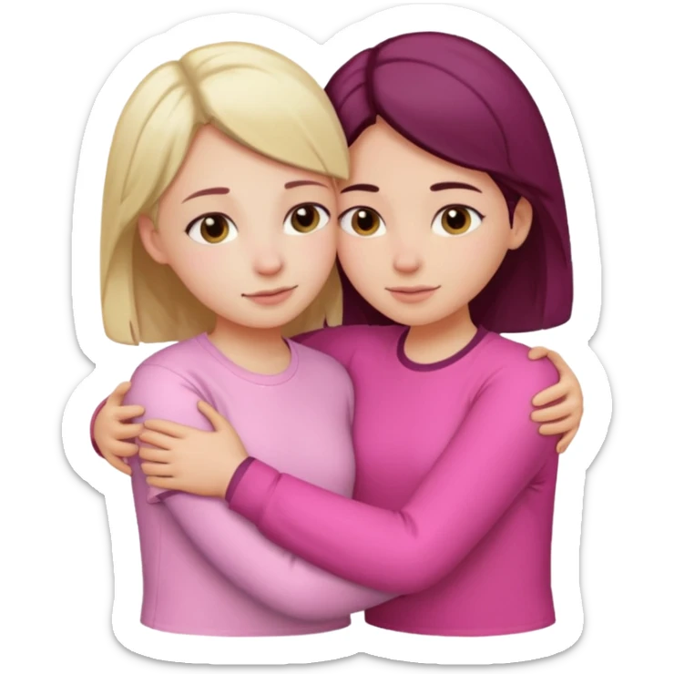 2 girls hugging each other. One is wearing white shirt and the other is wearing pink sticker