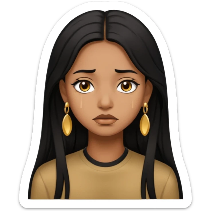 brown girl who has long layered black hair with gold stud earrings  who is sad sticker