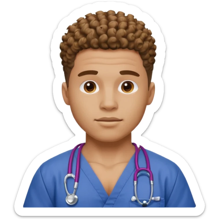 Ripped, athletic man with thick neck, high top fade with no part, curly hair only top only, and show waistline up, add scrubs, man face sticker