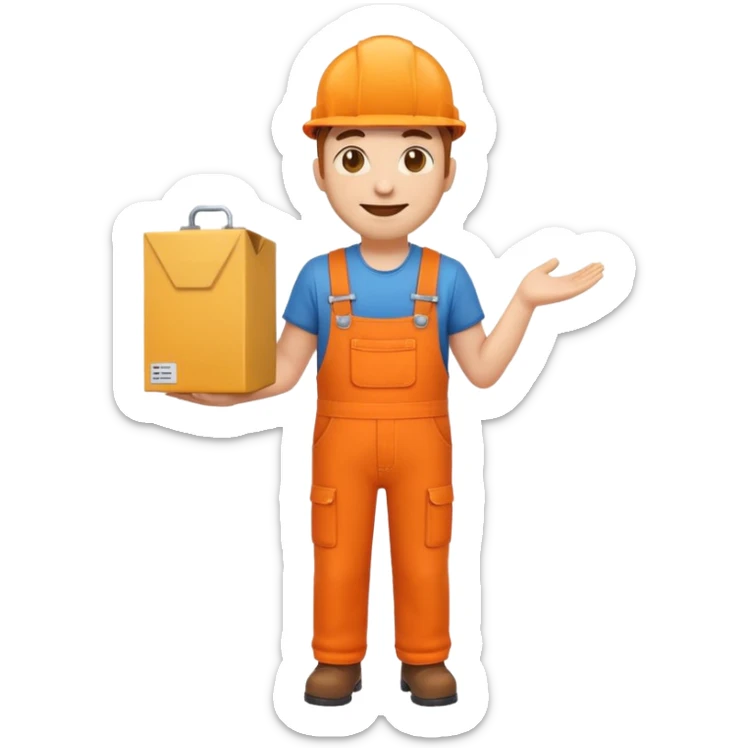 emoji style railway engineer full body in orange overalls, holding a box in front of their chest sticker