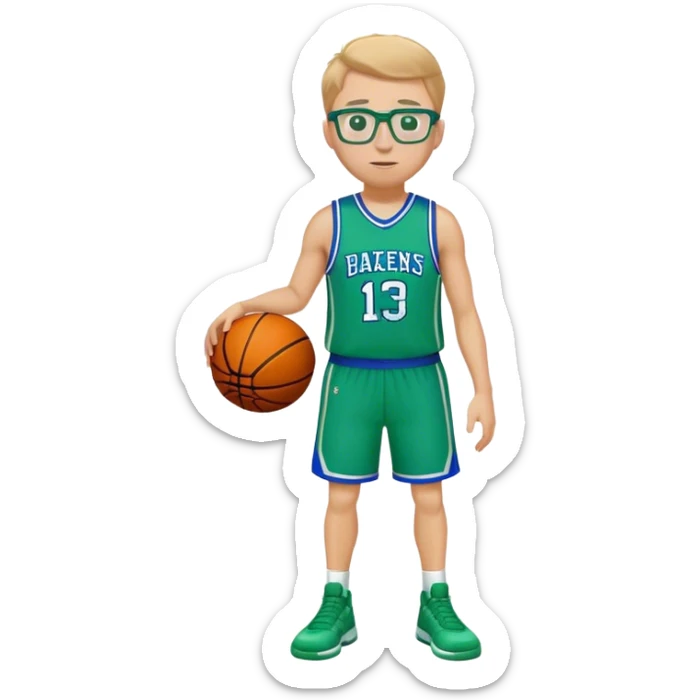 full body white male basketball player wearing glasses in blue an green uniform sticker