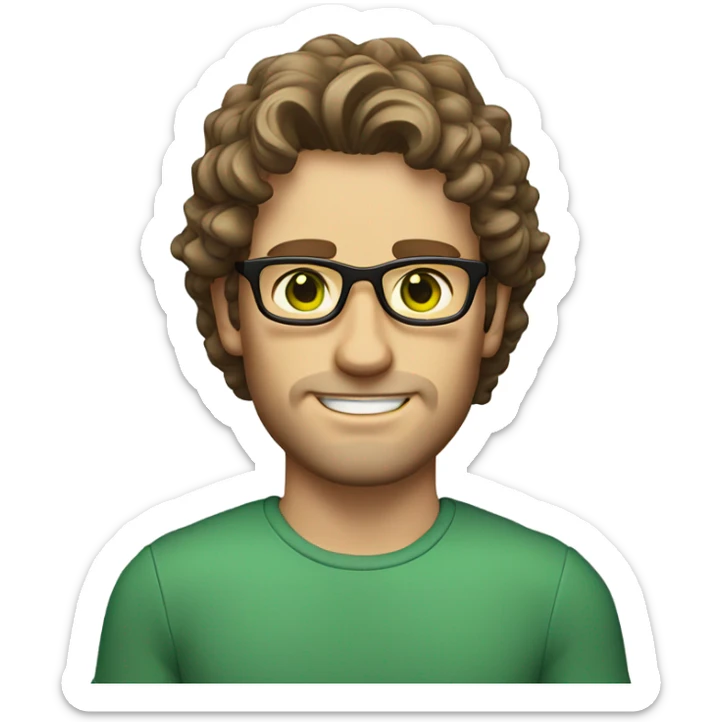 Caucasian male, shoulder length curly brown hair, green eyes, brown glasses, stubble sticker