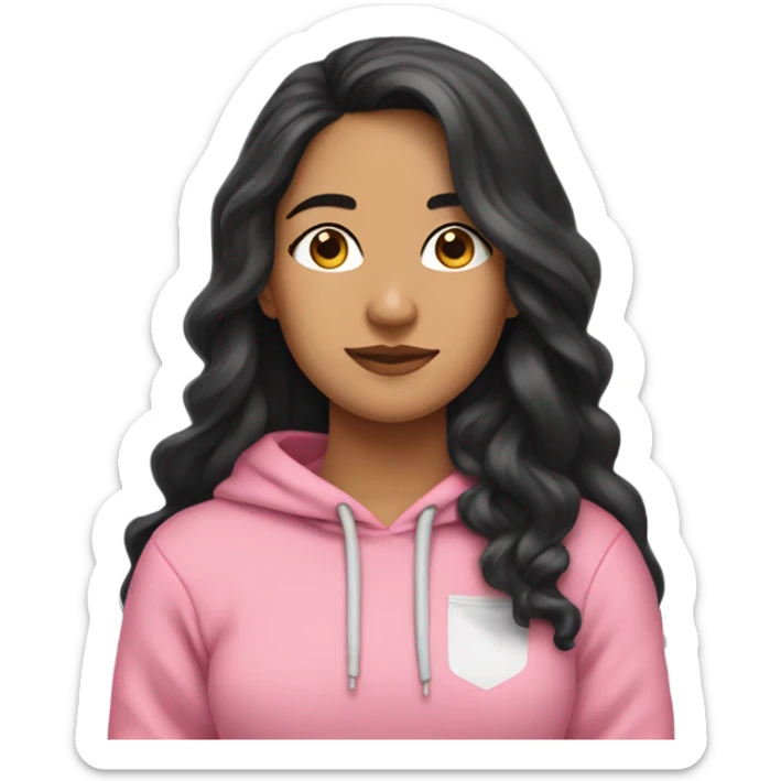 Pretty Latina girl with long black wavy hair in a pink hoodie looking down towards the left with her hands in her pocket  sticker
