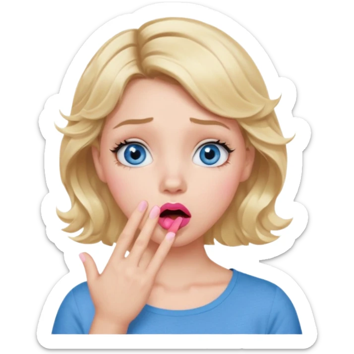 Girl Blonde short wavy hair,  blue eyes, cute blue top, long lashes, pink lips, shocked, hand over the mouth sticker