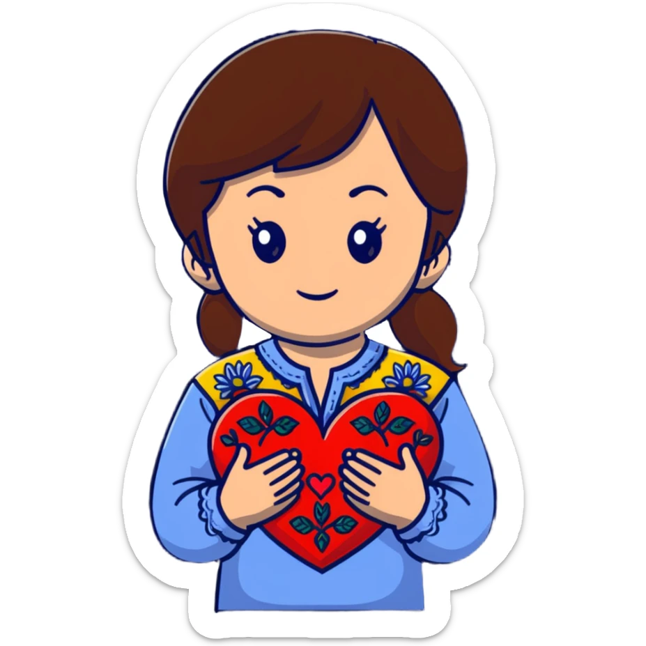 A beautiful young girl with brown hair in a Ukrainian embroidered shirt is holding a large embroidered heart sticker