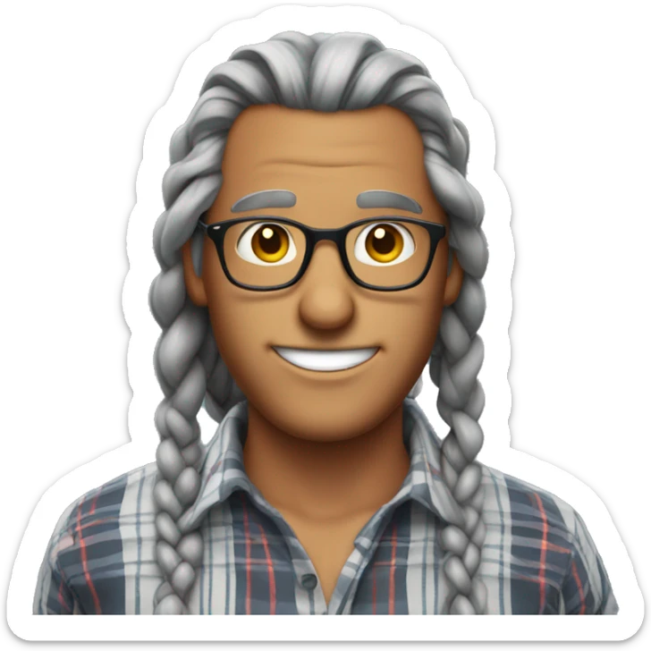 Tanned man, mid 50s with long gray braids with glasses and plaid shirt sticker