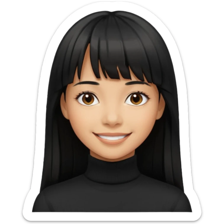 Photograph of a young woman with long, straight black hair and bangs, wearing a black turtleneck sweater. sticker