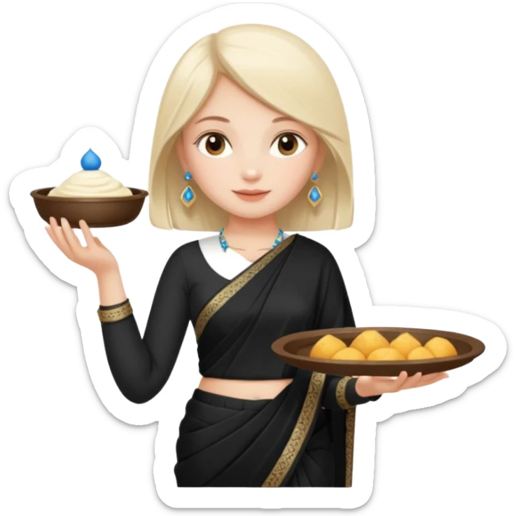 Russian girl in Indian black saree with full image from head to leg and holding one small cream colour plastic tray in her both hands sticker