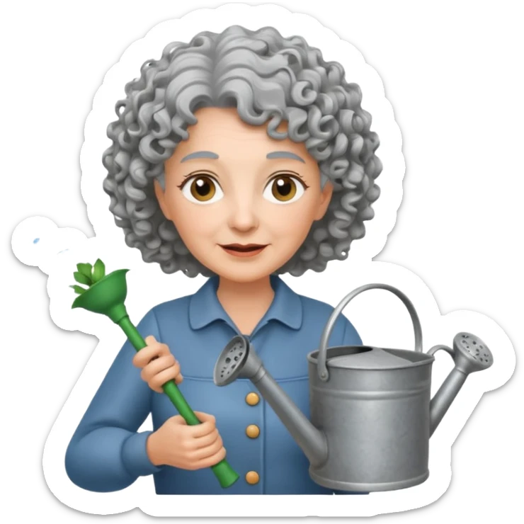 Older female florist – curly hair, hold garden watering pot sticker