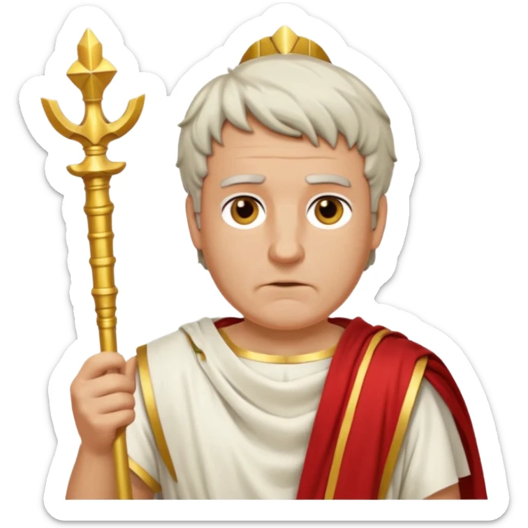 An emoji portrait of a Roman patrician. He wears a flowing white toga with a red stripe. He has a dignified expression and holds a golden scepter. sticker