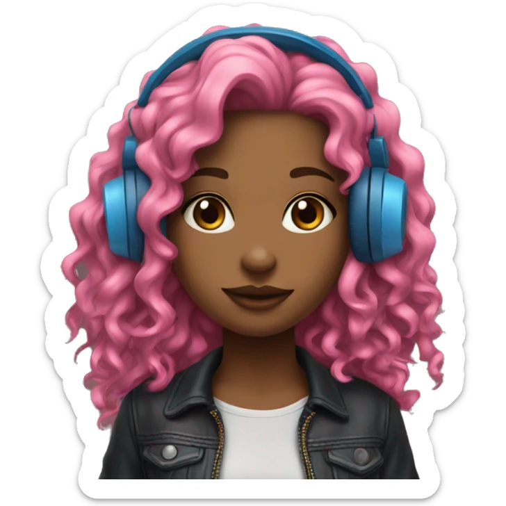 hotgir; rock; leather; girl; pink and blue long curly hair with headphones realisitc  sticker
